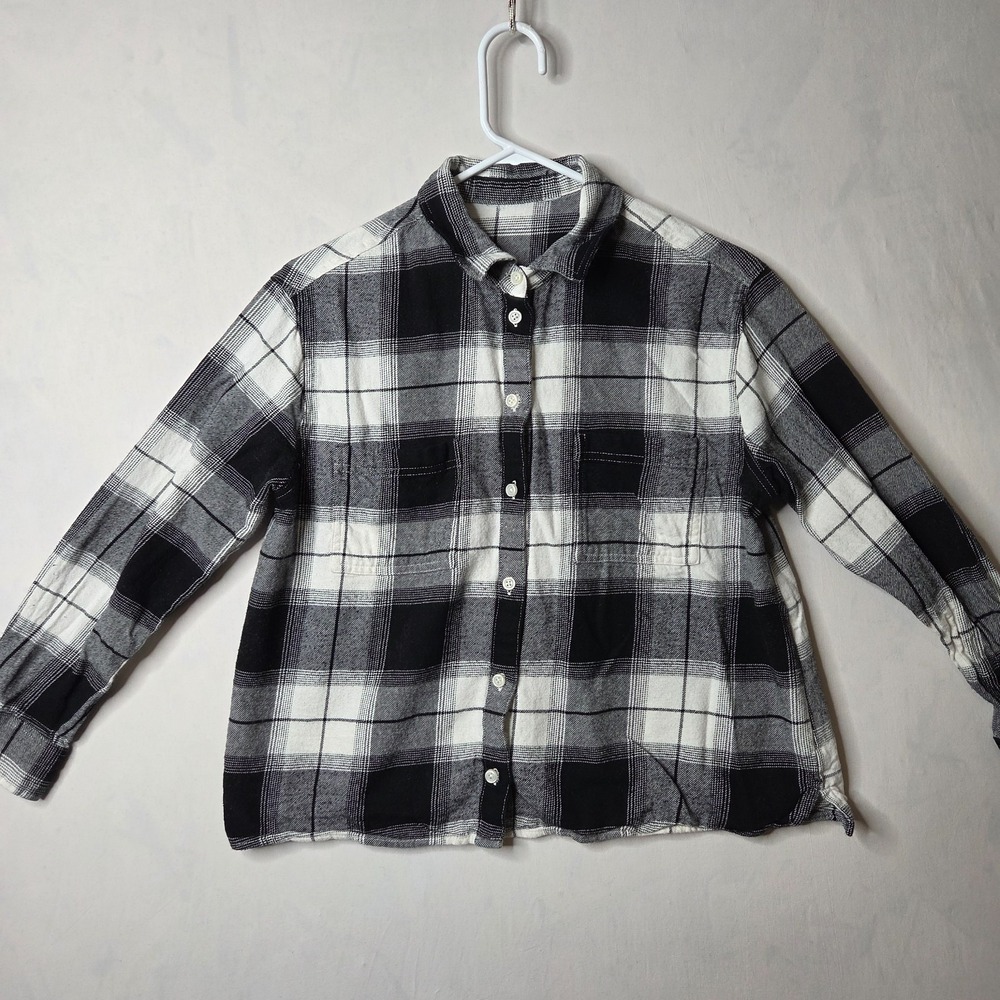 Women Flannel Shirt Black White Buffalo Check Button Up Pleated Back Yoke Casual